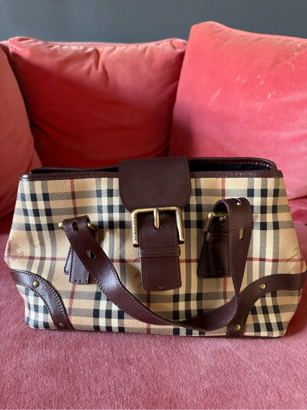 Burberry Beige Plaid Canvas and Brown Leather Tote Bag